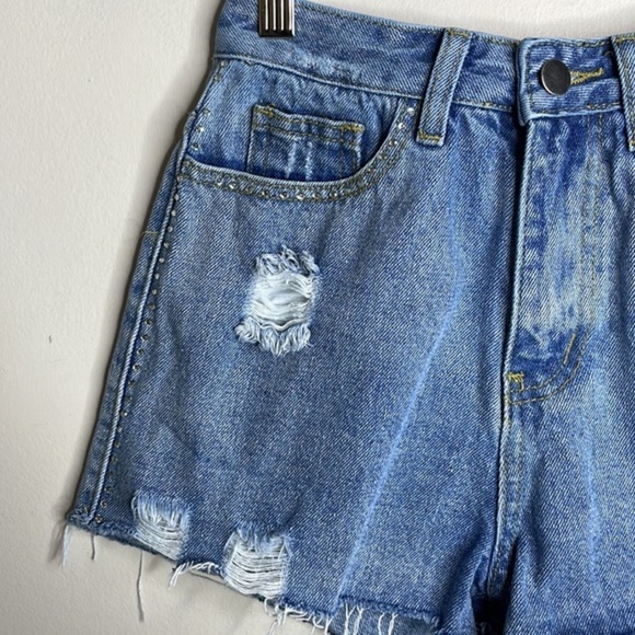 Superdown Revolve Size 23 Medium Wash Rhinestone Studded Distressed Denim Shorts - Picture 4 of 11